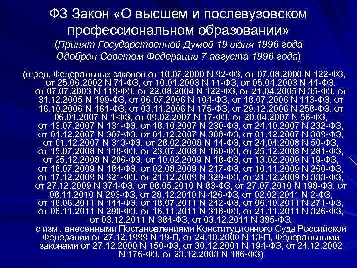 ФЗ Закон «О высшем и послевузовском профессиональном образовании» (Принят Государственной Думой 19 июля 1996