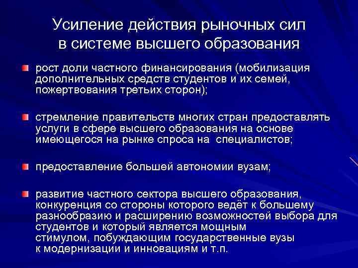 Усиление действия рыночных сил в системе высшего образования рост доли частного финансирования (мобилизация дополнительных