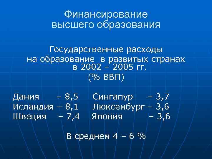 Финансирование высшего образования Государственные расходы на образование в развитых странах в 2002 – 2005