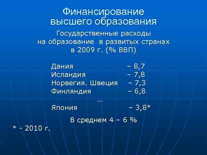 Финансирование высшего образования Государственные расходы на образование в развитых странах в 2009 г. (%