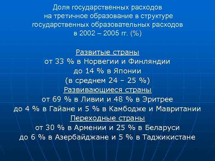 Доля государственных расходов на третичное образование в структуре государственных образовательных расходов в 2002 –