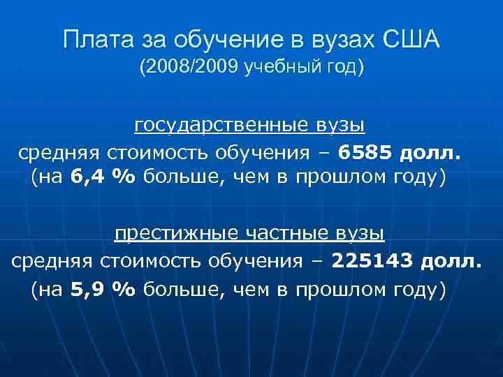 Плата за обучение в вузах США (2008/2009 учебный год) государственные вузы средняя стоимость обучения