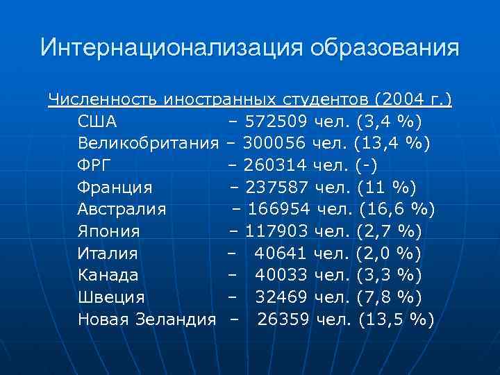 Интернационализация образования Численность иностранных студентов (2004 г. ) США – 572509 чел. (3, 4