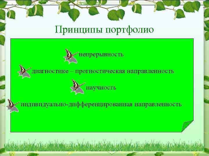 Принципы портфолио непрерывность диагностике – прогностическая направленность научность индивидуально-дифференцированная направленность 