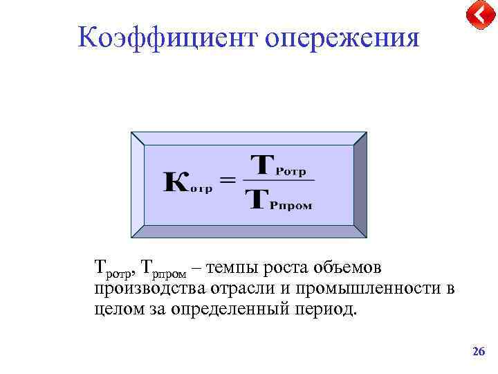 Коэффициент опережения Тротр, Трпром – темпы роста объемов производства отрасли и промышленности в целом