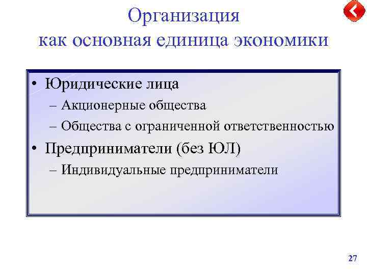 Организация как основная единица экономики • Юридические лица – Акционерные общества – Общества с