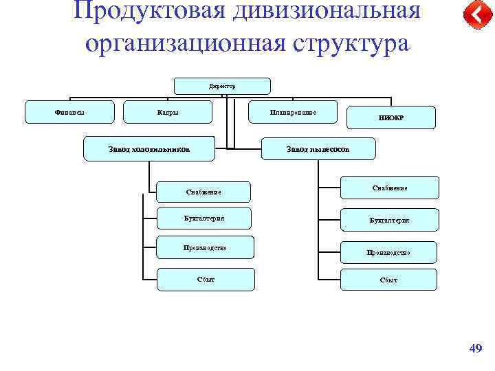 Продуктовая дивизиональная организационная структура Директор Финансы Кадры Планирование Завод холодильников НИОКР Завод пылесосов Снабжение