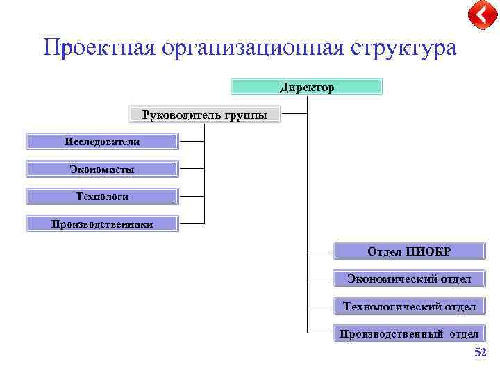 Проектная организационная структура Директор Руководитель группы Исследователи Экономисты Технологи Производственники Отдел НИОКР Экономический отдел