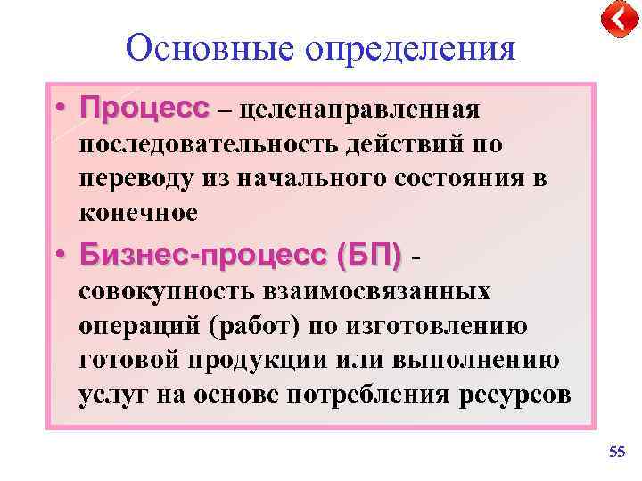 Основные определения • Процесс – целенаправленная последовательность действий по переводу из начального состояния в