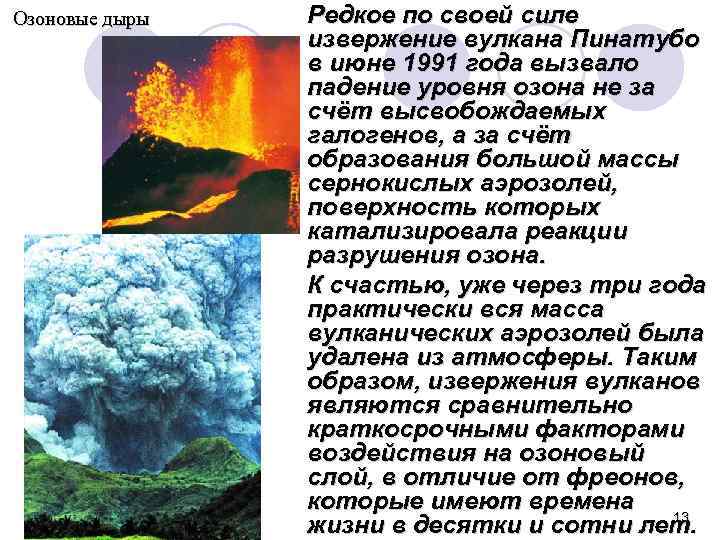 Озоновые дыры Редкое по своей силе извержение вулкана Пинатубо в июне 1991 года вызвало