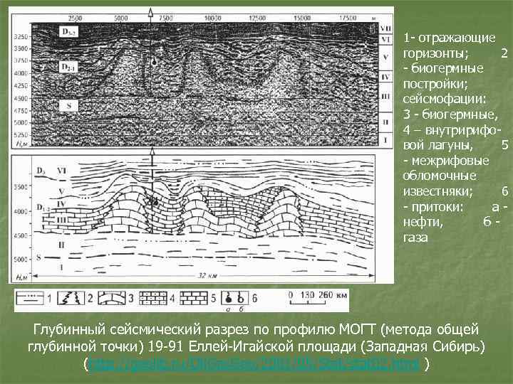 1 - отражающие горизонты; 2 - биогермные постройки; сейсмофации: 3 - биогермные, 4 –