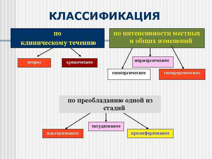 КЛАССИФИКАЦИЯ по клиническому течению острое по интенсивности местных и общих изменений нормергическое хроническое гипоергическое