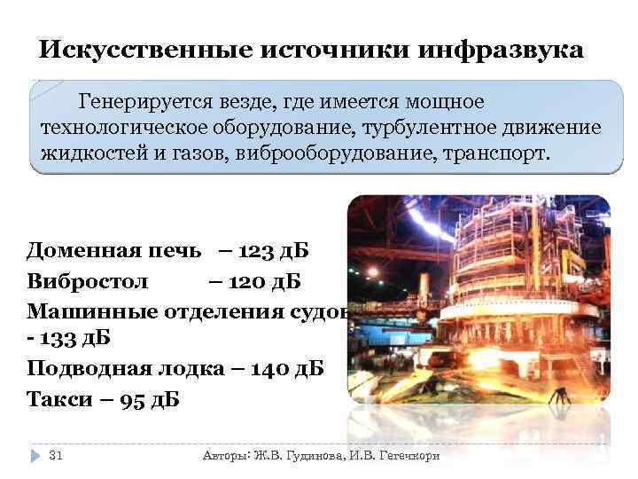 Искусственные источники инфразвука Генерируется везде, где имеется мощное технологическое оборудование, турбулентное движение жидкостей и