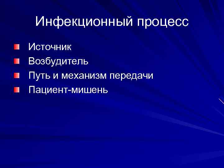 Инфекционный процесс Источник Возбудитель Путь и механизм передачи Пациент-мишень 