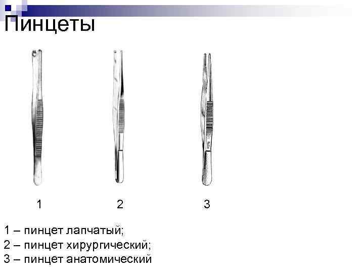 Пинцеты 1 2 1 – пинцет лапчатый; 2 – пинцет хирургический; 3 – пинцет