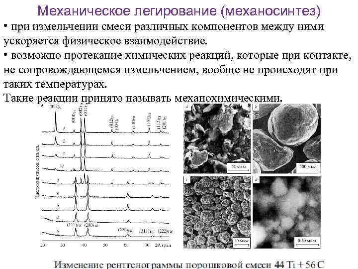 Механическое легирование (механосинтез) • при измельчении смеси различных компонентов между ними ускоряется физическое взаимодействие.