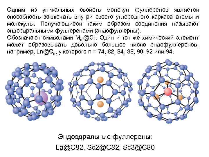 Одним из уникальных свойств молекул фуллеренов является способность заключать внутри своего углеродного каркаса атомы