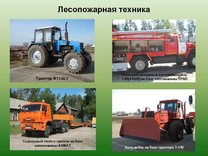 Лесопожарная техника Трактор МТЗ-82. 1 Седельный тягач с тралом на базе автомашины КАМАЗ Основной