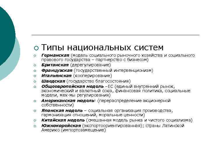¡ ¡ ¡ Типы национальных систем Германская (модель социального рыночного хозяйства и социального правового