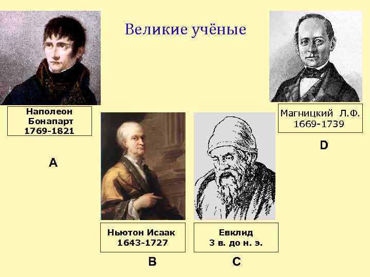 Великие учёные Наполеон Бонапарт 1769 -1821 Магницкий Л. Ф. 1669 -1739 D А Ньютон