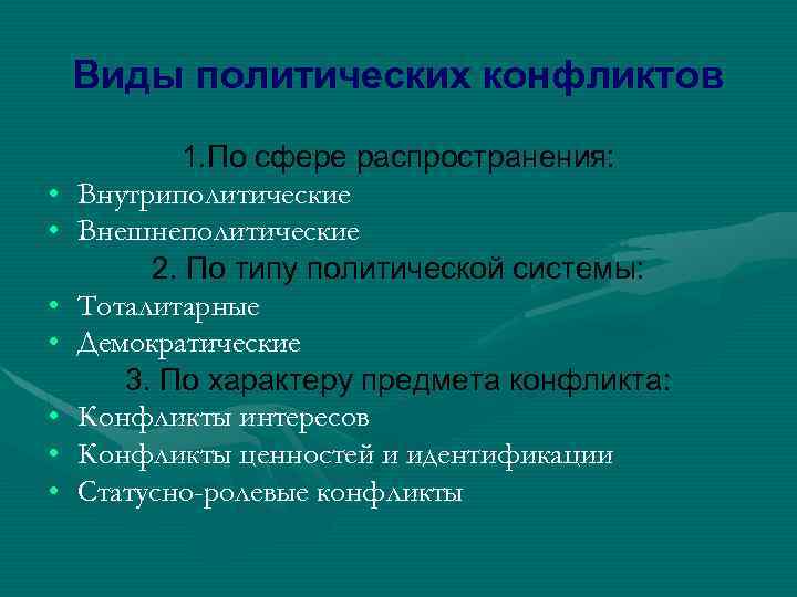 Виды политических конфликтов • • 1. По сфере распространения: Внутриполитические Внешнеполитические 2. По типу