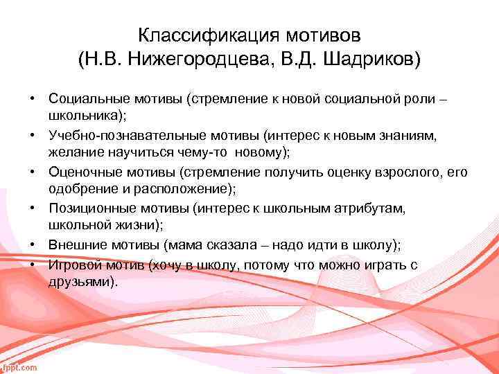 Классификация мотивов (Н. В. Нижегородцева, В. Д. Шадриков) • Социальные мотивы (стремление к новой