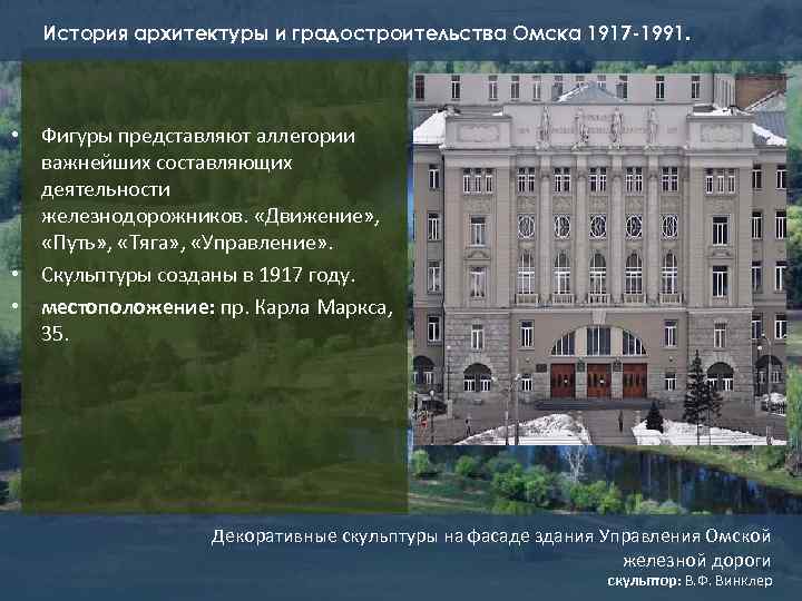 История архитектуры и градостроительства Омска 1917 -1991. • Фигуры представляют аллегории важнейших составляющих деятельности