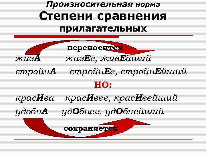 Произносительная норма Степени сравнения прилагательных переносится жив. А жив. Ее, жив. Ейший стройн. А