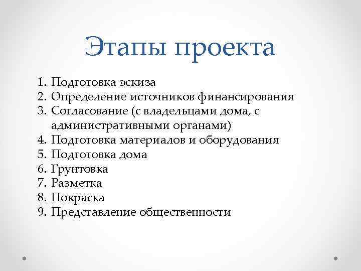 Этапы проекта 1. Подготовка эскиза 2. Определение источников финансирования 3. Согласование (с владельцами дома,