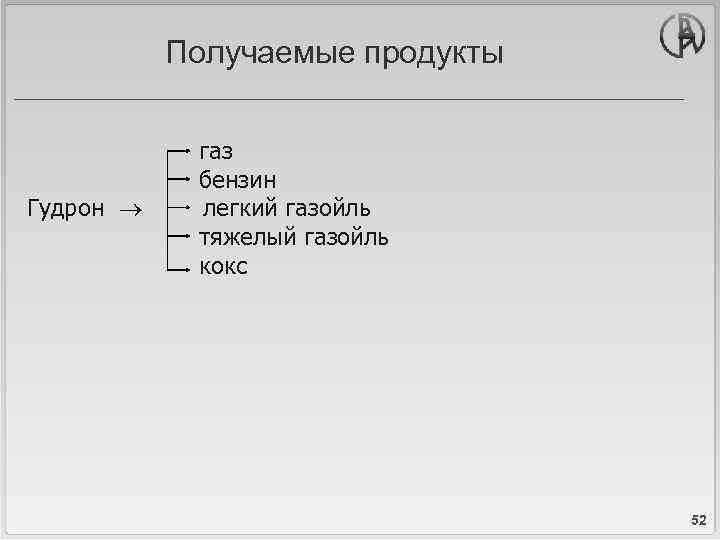Получаемые продукты газ бензин Гудрон легкий газойль тяжелый газойль кокс 52 