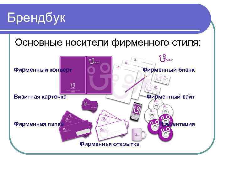 Брендбук Основные носители фирменного стиля: Фирменный конверт Фирменный бланк Визитная карточка Фирменный сайт Фирменная