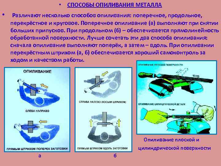  • СПОСОБЫ ОПИЛИВАНИЯ МЕТАЛЛА • Различают несколько способов опиливания: поперечное, продольное, перекрёстное и