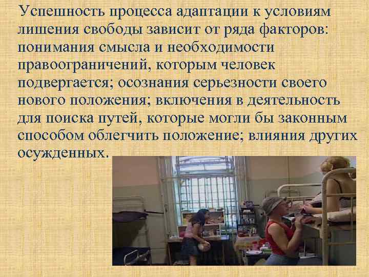  Успешность процесса адаптации к условиям лишения свободы зависит от ряда факторов: понимания смысла