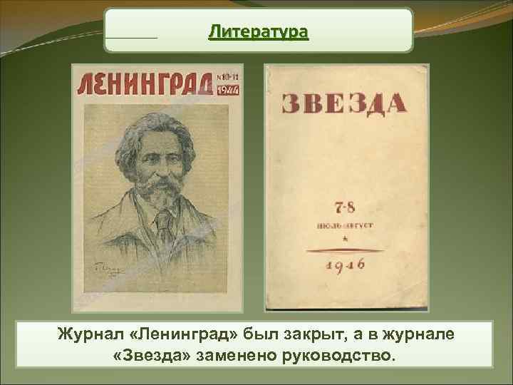 Литература Журнал «Ленинград» был закрыт, а в журнале «Звезда» заменено руководство. 