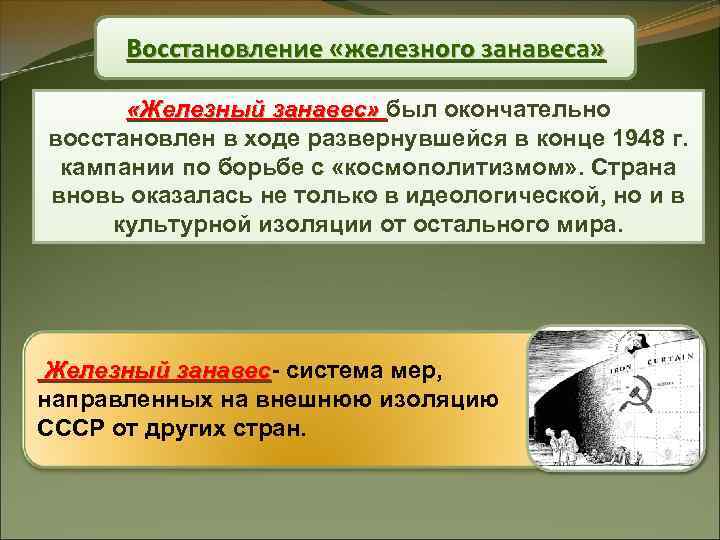 Восстановление «железного занавеса» «Железный занавес» был окончательно восстановлен в ходе развернувшейся в конце 1948