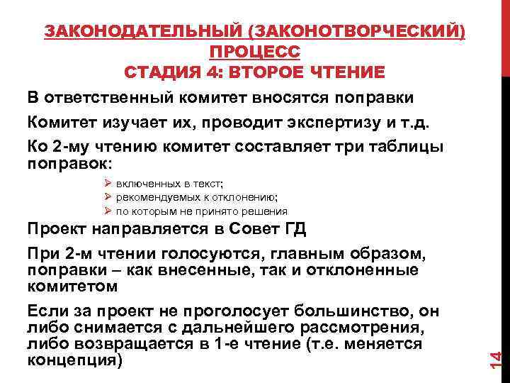 ЗАКОНОДАТЕЛЬНЫЙ (ЗАКОНОТВОРЧЕСКИЙ) ПРОЦЕСС СТАДИЯ 4: ВТОРОЕ ЧТЕНИЕ В ответственный комитет вносятся поправки Комитет изучает