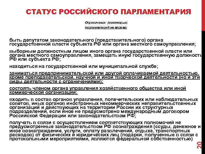 СТАТУС РОССИЙСКОГО ПАРЛАМЕНТАРИЯ Ограничения (некоторые) парламентарий не вправе: 20 быть депутатом законодательного (представительного) органа