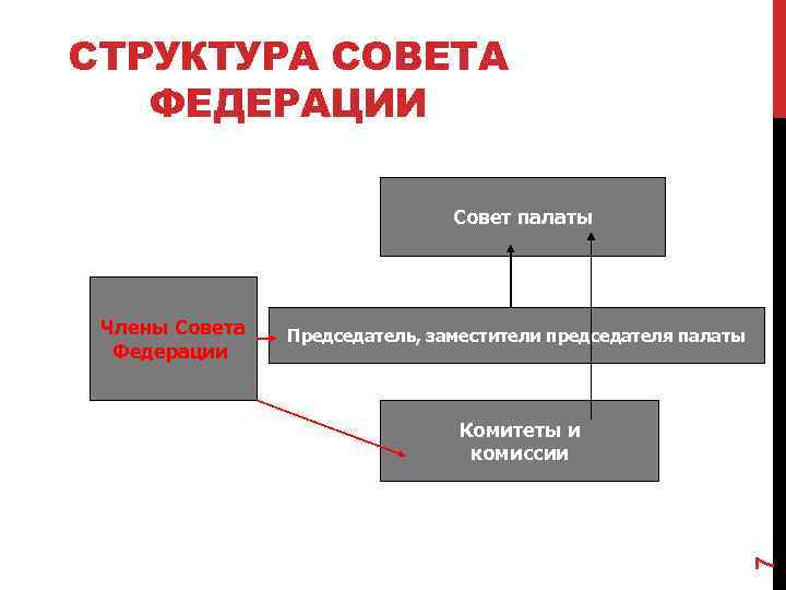 СТРУКТУРА СОВЕТА ФЕДЕРАЦИИ Совет палаты Председатель, заместители председателя палаты Комитеты и комиссии 7 Члены
