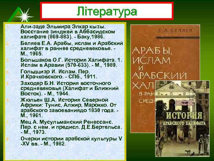 Література 1. 2. 3. 4. 5. 6. 7. 8. Али-заде Эльмира Элкар кызы. Восстание