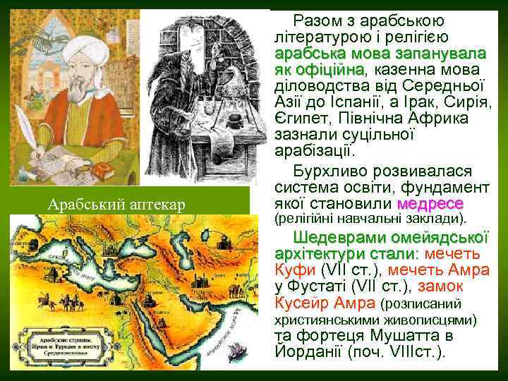 Арабський аптекар Разом з арабською літературою і релігією арабська мова запанувала як офіційна, казенна