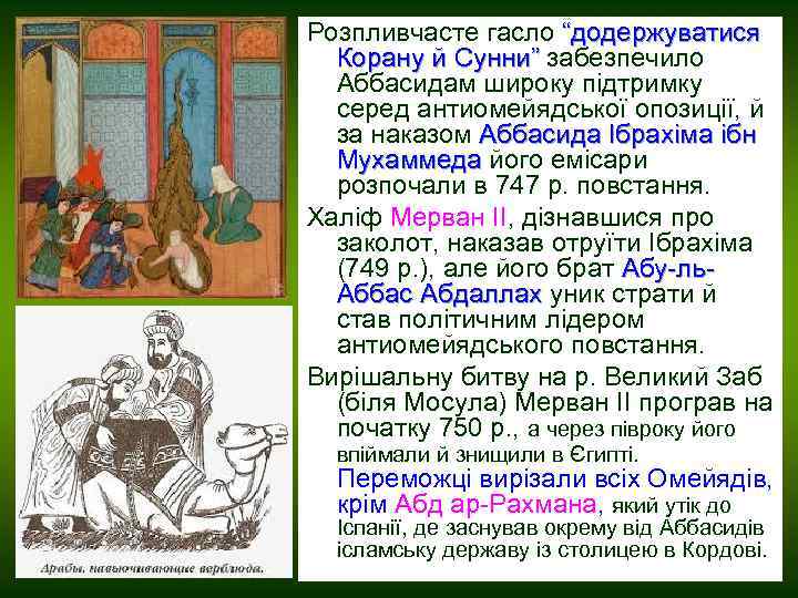 Розпливчасте гасло “додержуватися Корану й Сунни” забезпечило Аббасидам широку підтримку серед антиомейядської опозиції, й