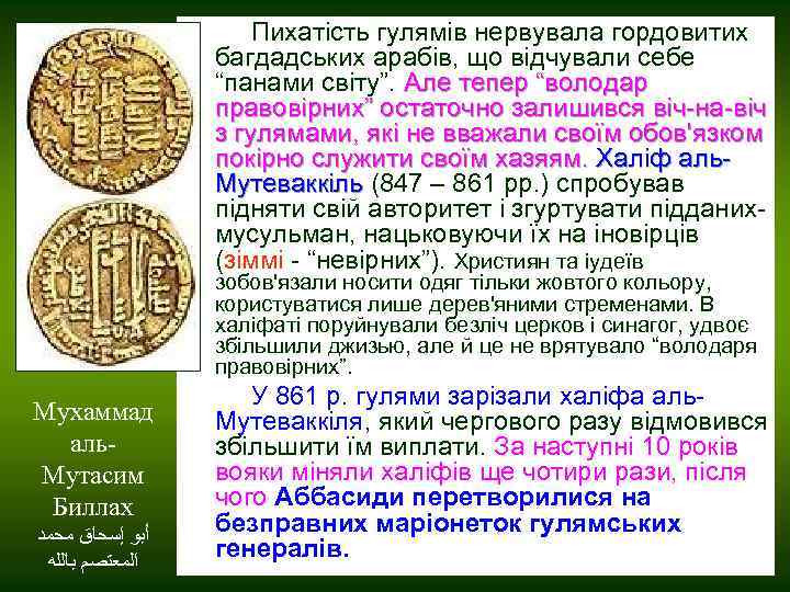  Пихатість гулямів нервувала гордовитих багдадських арабів, що відчували себе “панами світу”. Але тепер