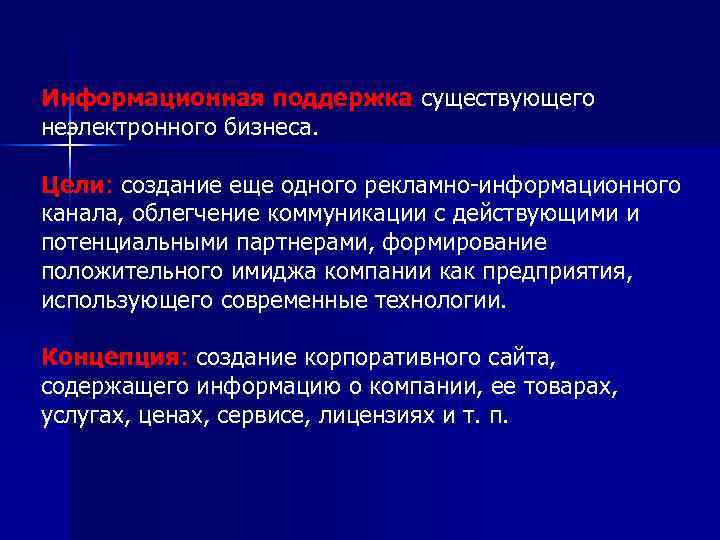 Информационная поддержка существующего неэлектронного бизнеса. Цели: создание еще одного рекламно-информационного канала, облегчение коммуникации с