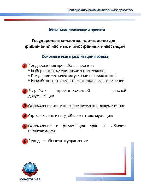 Западно-Сибирский этнопарк «Содружество» Механизм реализации проекта Государственно-частное партнерство для привлечения частных и иностранных инвестиций