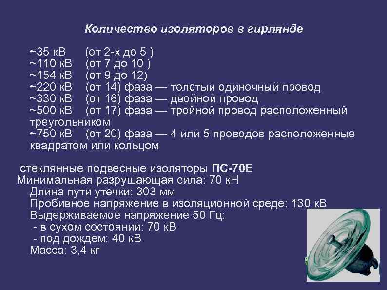 Количество изоляторов в гирлянде ~35 к. В (от 2 -х до 5 ) ~110
