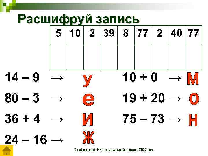 Расшифруй запись 5 10 2 39 8 77 2 40 77 14 – 9