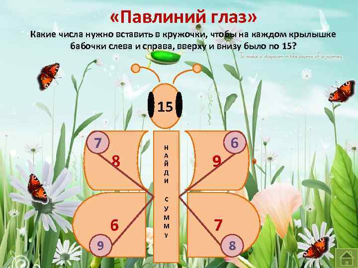  «Павлиний глаз» Какие числа нужно вставить в кружочки, чтобы на каждом крылышке бабочки