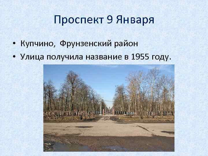 Проспект 9 Января • Купчино, Фрунзенский район • Улица получила название в 1955 году.