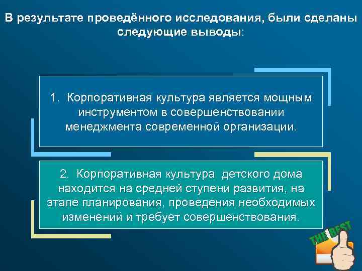 В результате проведённого исследования, были сделаны следующие выводы: 1. Корпоративная культура является мощным инструментом