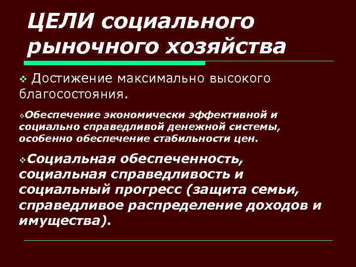 ЦЕЛИ социального рыночного хозяйства Достижение максимально высокого благосостояния. v v. Обеспечение экономически эффективной и